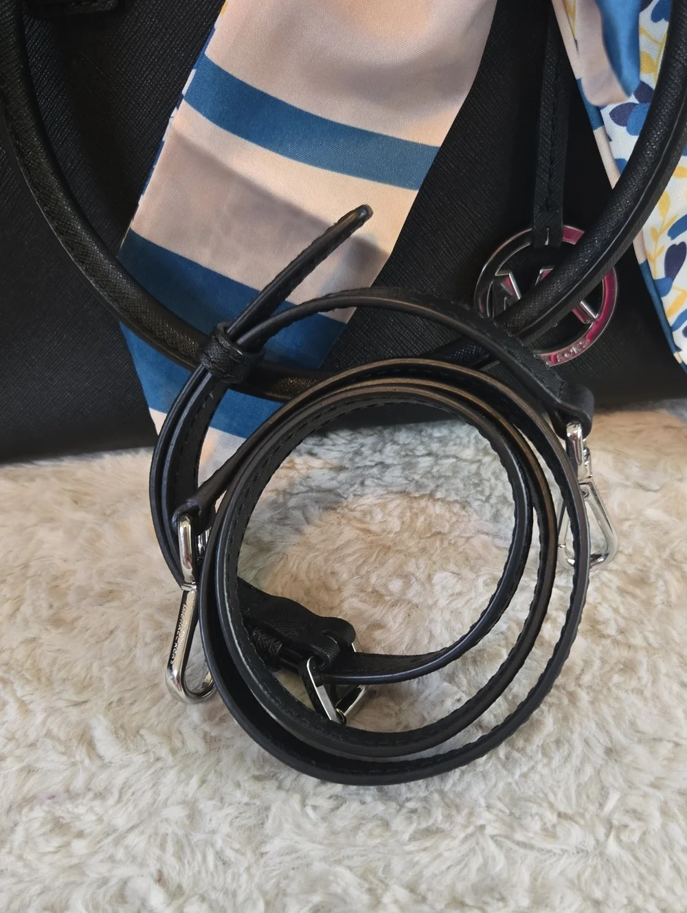 Michael Kors Black Saffiano Leather Satchel with Blue Floral Scarf EUC